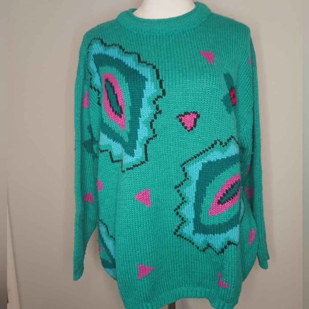 Esprit Teal Green Crewneck Sweater with Pink and Dark Green Accents